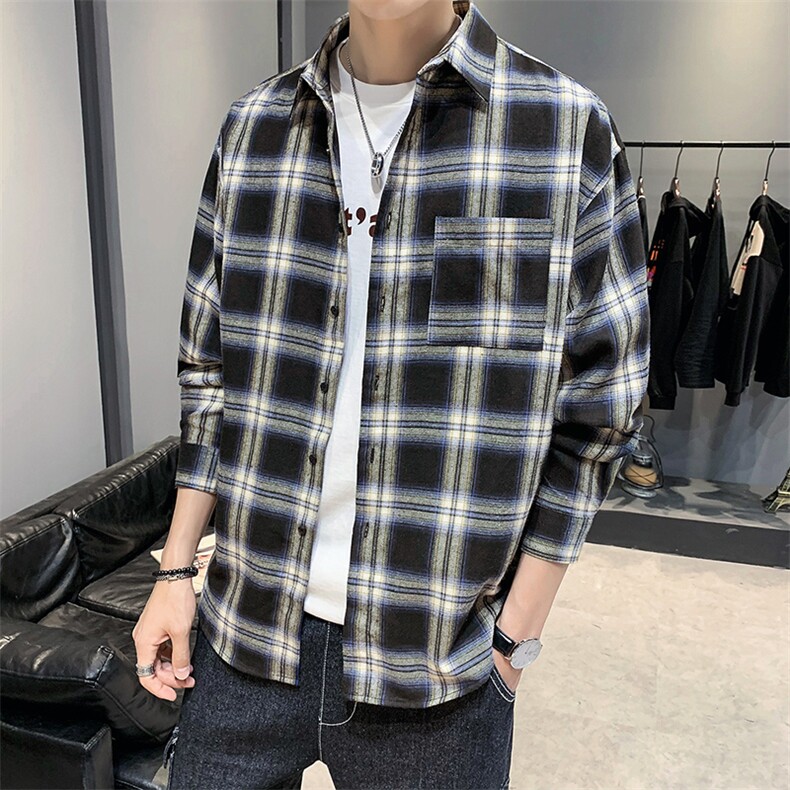 男生格子衬衣新品长袖休闲帅气宽松衬衫DT，男装衬衫，电商A102