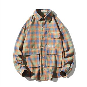 2021秋季新港风无影墙日系大码男工装休闲格子衬衫C3050-P45图片