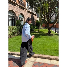 EAHO美式设计感条纹假两件长袖衬衫男女简约宽松休闲百搭衬衣，男装衬衫，星座506A