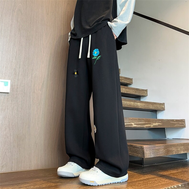 wassuphappy花卉刺绣卫裤男款春秋季潮流重磅直筒阔腿裤休闲裤子,男装休闲裤,电商B220