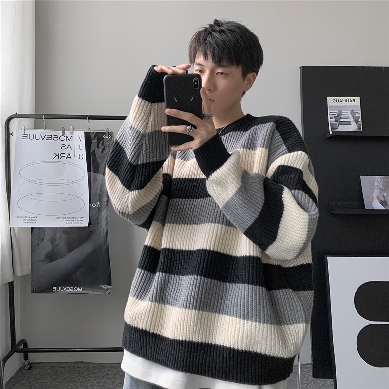 MY16撞色条纹圆领衫毛衣男复古条纹针织衫打底衫宽松慵懒风毛线衣,男装T恤,星座308A-1（原309B-1）