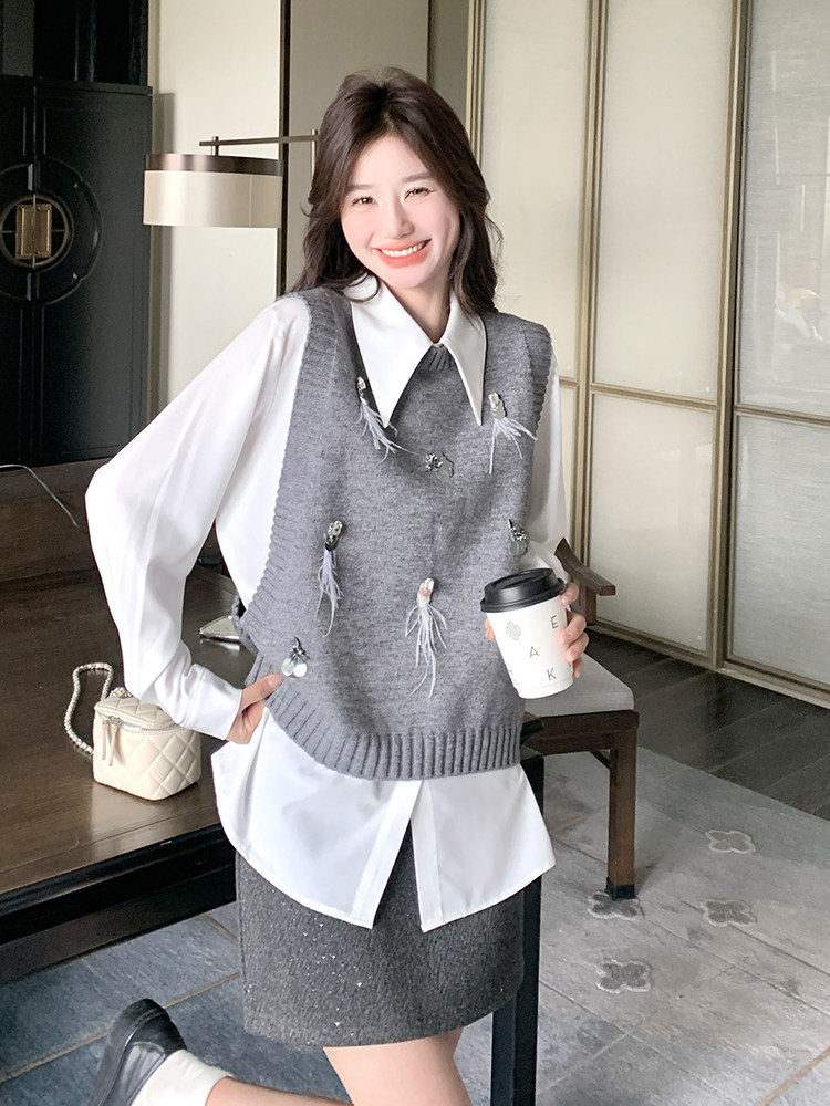 学院风复古减龄衬衫上衣马甲套装女2025春秋新款高级感时尚两件套,女装马甲,维壹