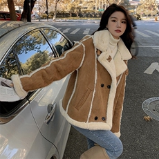 咖啡色皮毛一体机车羊羔毛短外套女2023冬季新款加厚加绒棉衣棉服，女装短外套，2C037