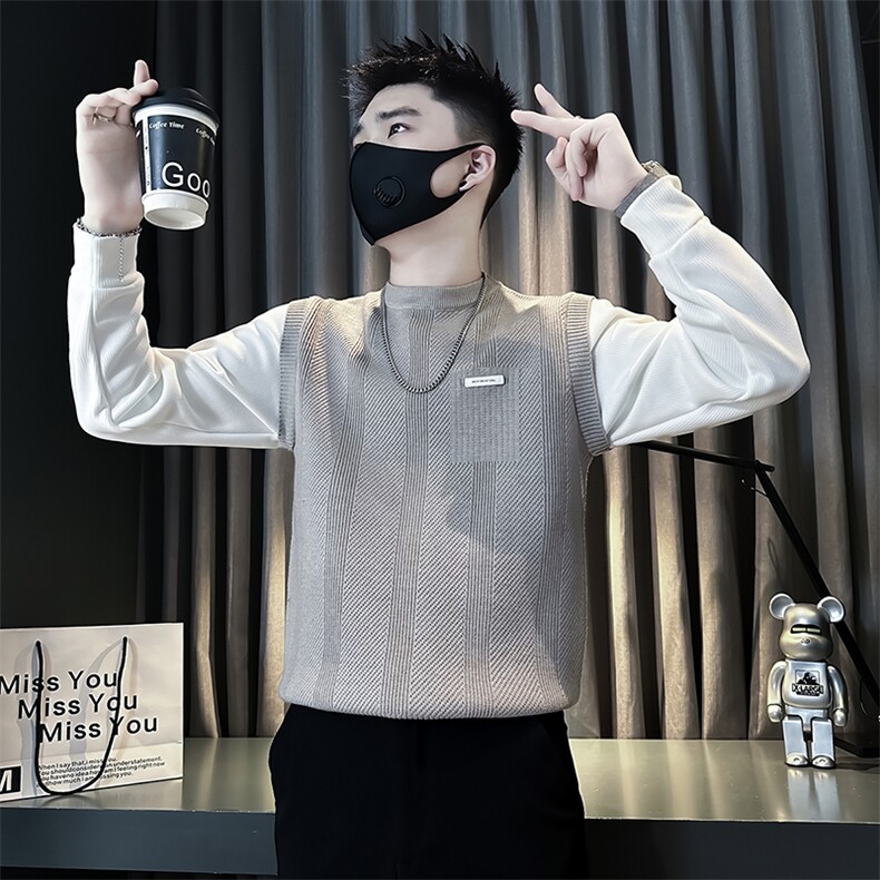 加绒毛衣男针织衫痞帅炸街拼接社会小伙店主风301C-M81-P98-控138,男装针织衫/毛衣,星座301C（原B323）