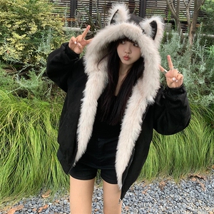 现货重磅硬挺boxy羽绒棉衣座山雕猫耳大毛毛领麂皮棉服冬外套图片
