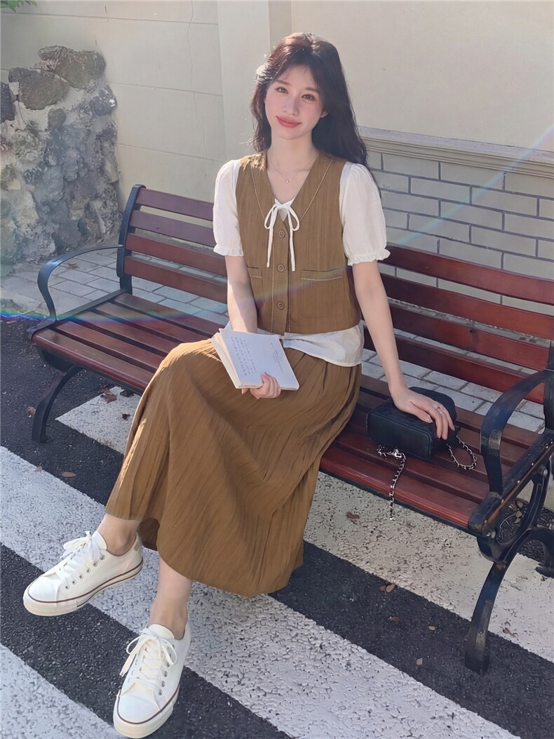 圆领条纹冰丝上衣+半身裙两件套送腰带,女装套装/套裙,采品优优