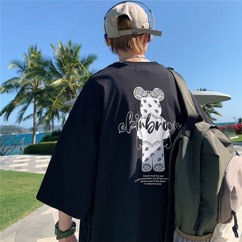 1港风小熊印花休闲情侣日系潮大码M-5XL短袖T恤男DT7736P25控38，男装T恤，星座226-2