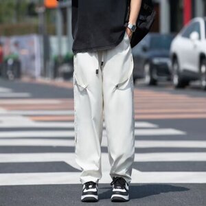 裤子男春秋款宽松垂感直筒休闲裤痞帅拼接黑色束脚工装裤 kZ05图片