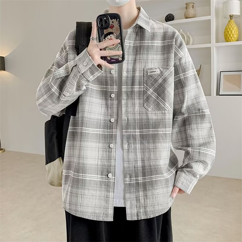 高级感春秋季格子外套男青少年高中学生夹克上衣男装休闲长袖衬衫图片