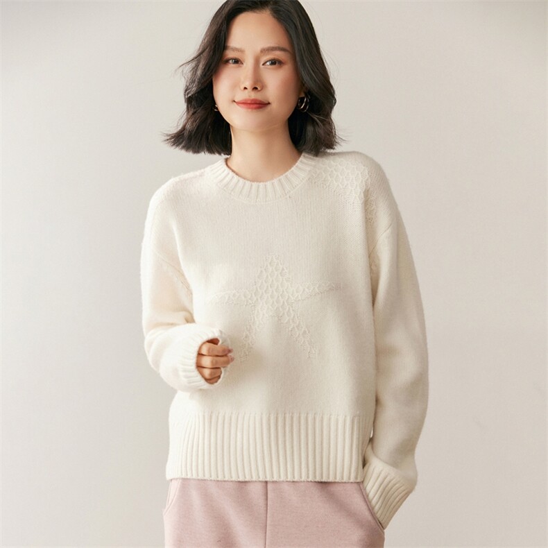 2025年秋季星星绞花纯色针织套头上衣女，女装针织衫/毛衣，鸥蕊娅羊绒