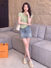 女夏新款时尚套装裙气质显瘦蕾丝拼接蝴蝶结针织衫牛仔短裙两件套，女装套装/套裙，江南