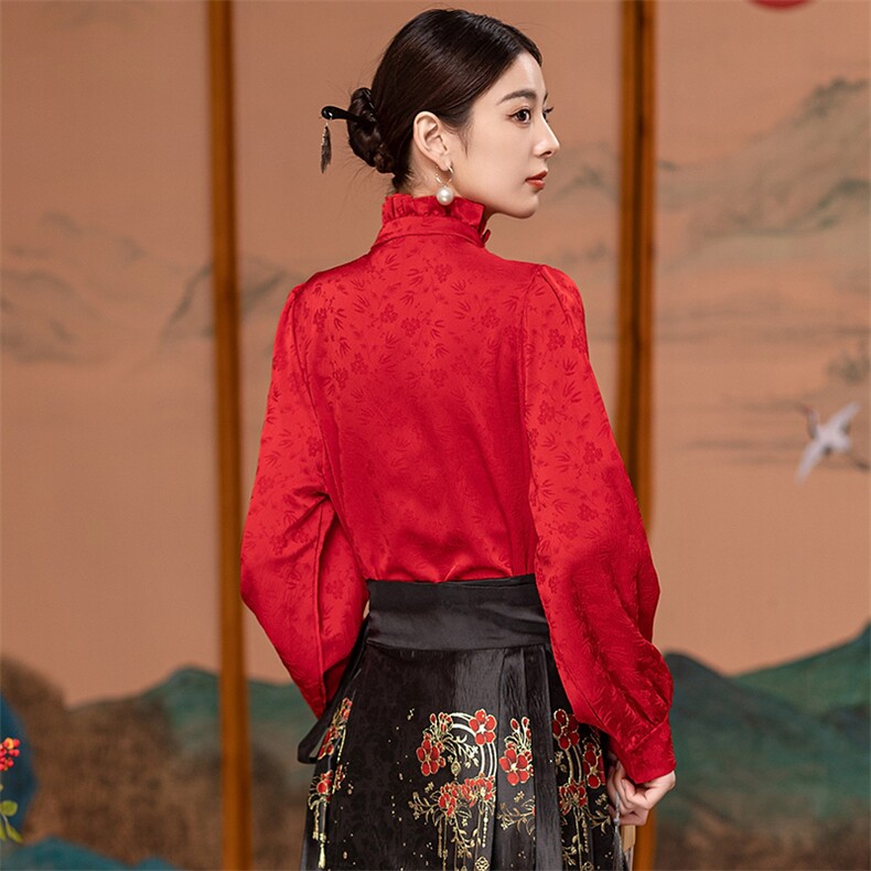 芷墨复古拼接纯色打底衬衫新中式复古百搭设计感上衣显高显瘦女,女装衬衫,芷墨服饰