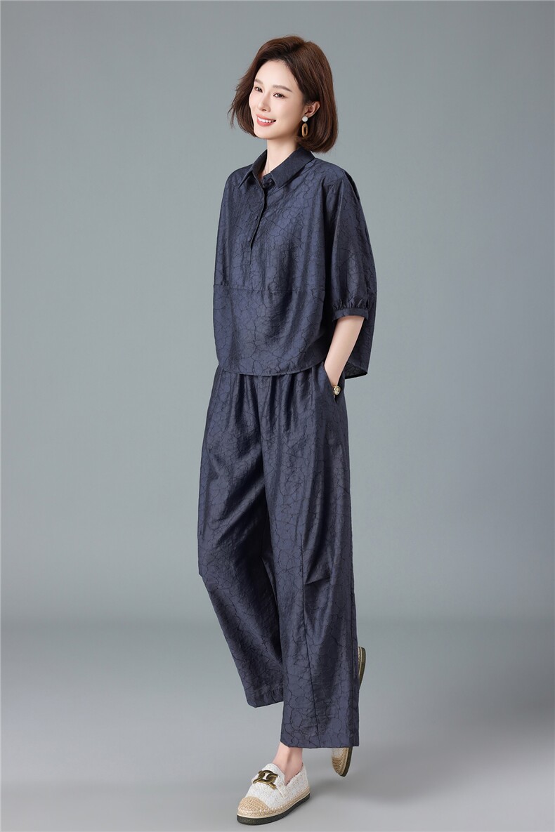 现货2026夏季新款宽松大码洋气减龄莱赛尔提花衬衫套装两件套,女装套装/套裙,深水步