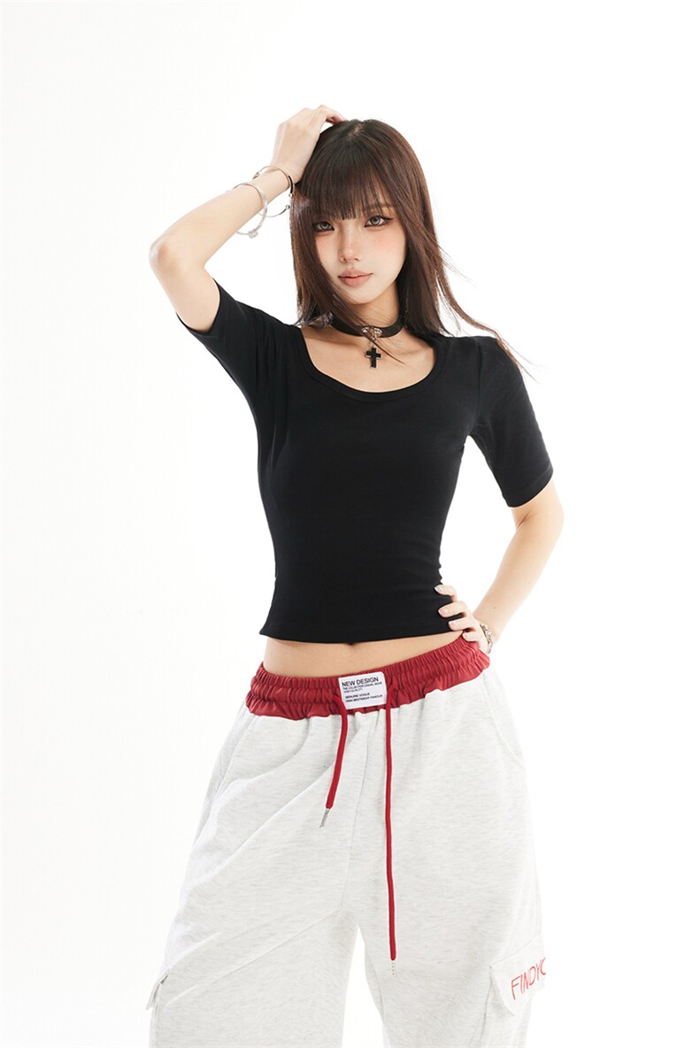 美式复古风U型领短袖上衣女2026年新款辣妹修身收腰T恤YD270-P30,男装T恤,星座509