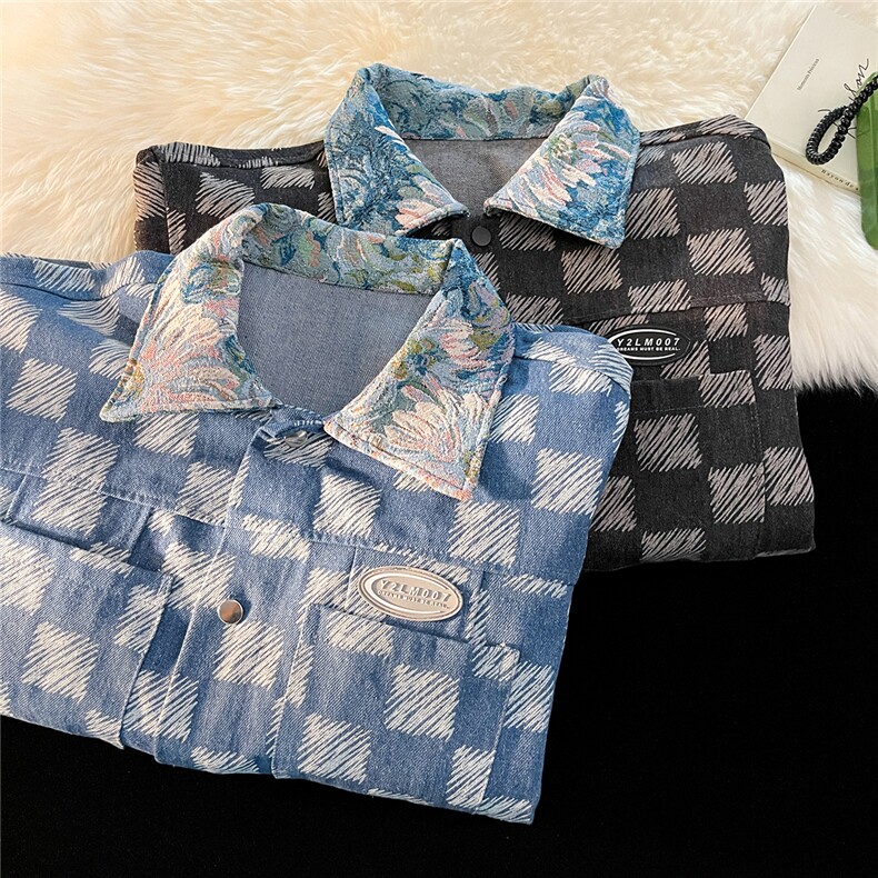 1港风棋盘格牛仔夹克男外套女大码潮中性风外套JK7704P98控138,男装夹克,星座226-2