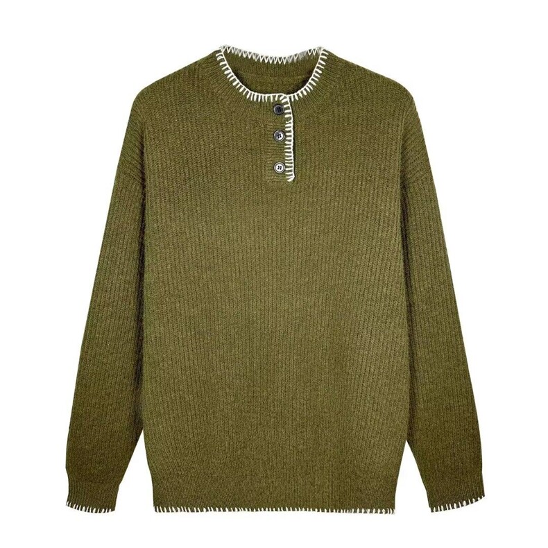 美式复古设计休闲亨利领针织衫毛衣男女宽松秋季情侣慵懒套头上衣，女装针织衫/毛衣，星座506A