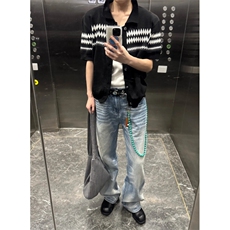 XZ1005-1-TTH615-P60开衫短袖男款夏季翻领针织T恤提花条纹半袖，男装T恤，星座1005-1