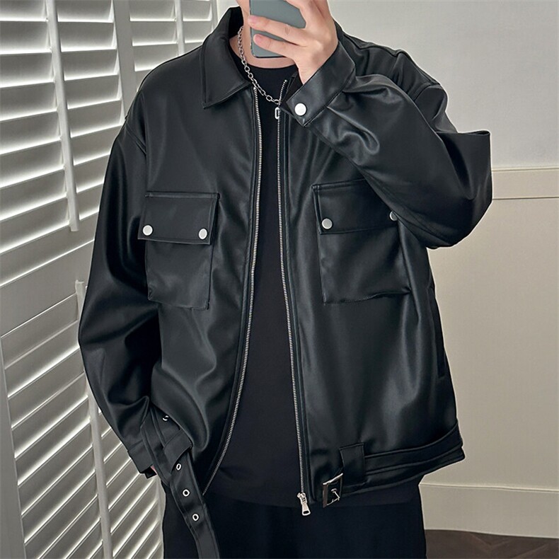 现货-潮牌工装皮夹克男时尚宽松皮衣帅气潮流机车服-AP23092-P110，男装夹克，电商A351