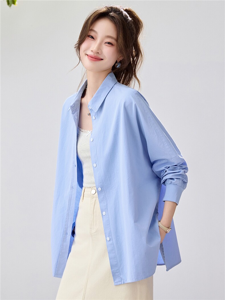2026春夏新款蓝衬衫女学院风宽松慵懒风叠穿衬衣通勤百搭清新减龄,女装衬衫,艾米