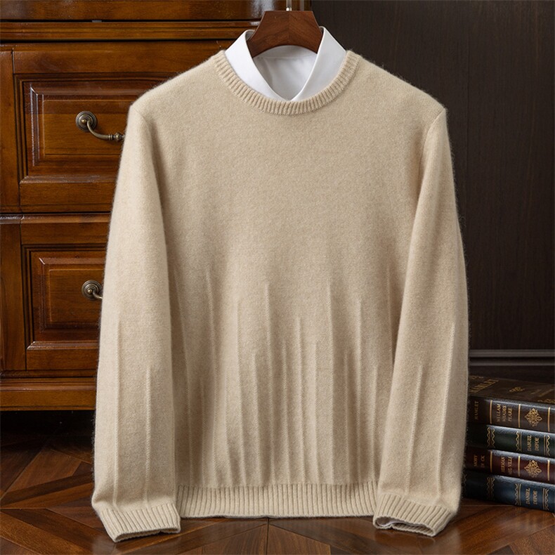 品质男羊绒套头毛衣冬季保暖加厚长袖针织衫经典圆领设计舒适百搭，男装羊绒套衫，欧力羊绒