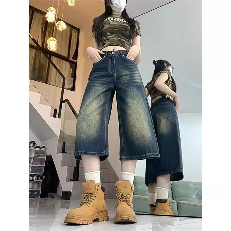 大码七分牛仔短裤女夏季胖mm复古美式宽松显瘦高腰直筒阔腿中裤子,男装牛仔裤,星座1210-1
