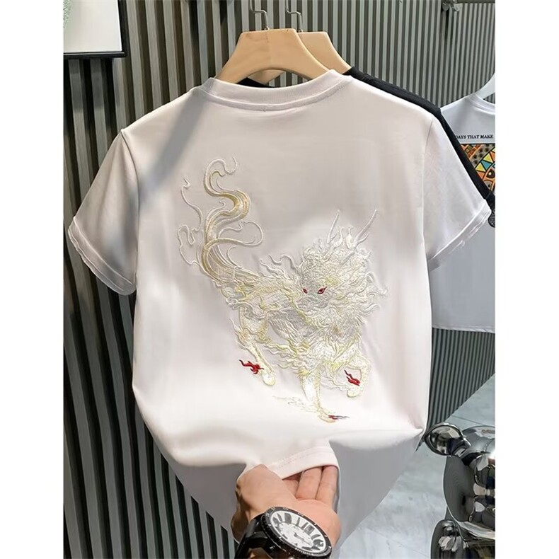 欧货潮牌潮重工麒麟刺绣高级感轻奢男T恤短袖网红半袖体恤,男装T恤,电商B212（原钱塘6029）