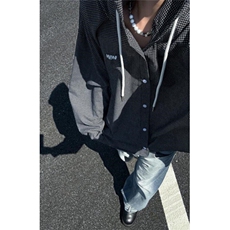 蓝色连帽格子衬衫男款长袖高级感宽松慵懒衬衣春秋外套C2229，男装衬衫，星座1116A（原606A-3）