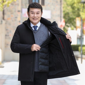 继续可拆卸帽内胆中老年羽绒服外套男中长款白鸭绒羽绒服大衣图片