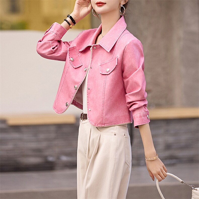 现货粉色小香风高级感皮外套女春秋季新款富家千金法式小个子上衣,女装皮衣,江南女神