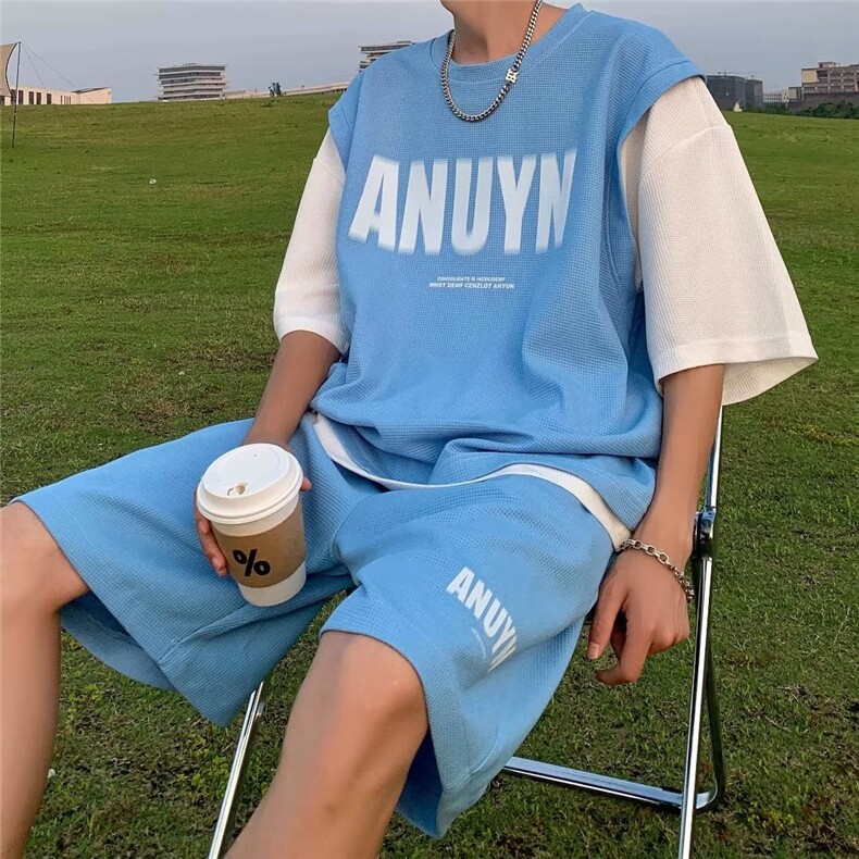 冰丝华夫格假两件套装TZ222P40,男装休闲套装,星座1116-2