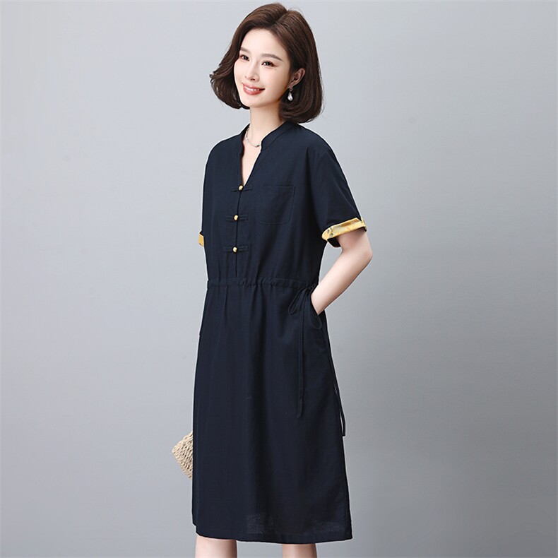 高级感休闲妈妈棉麻连衣裙女2024夏季新款收腰显瘦拼接衬衫领裙子,女装连衣裙,江忆布依
