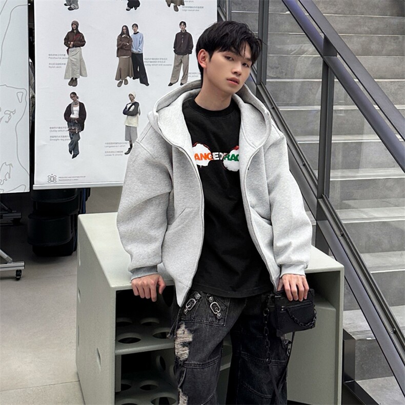 抖音得物高品质25秋冬美式高街宽松结构防风高领连帽卫衣外套W60,男装卫衣,电商A486