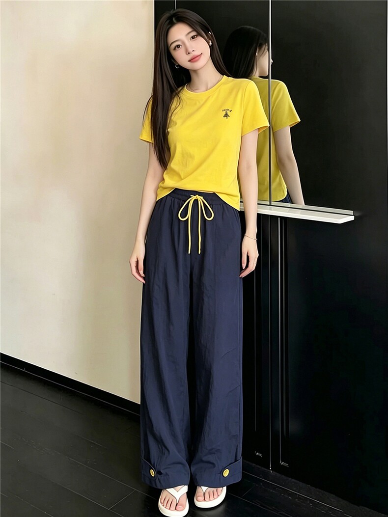 女夏季新款韩版时尚休闲套装修身圆领黄色短袖上衣阔腿长裤两件套,女装套装/套裙,江南