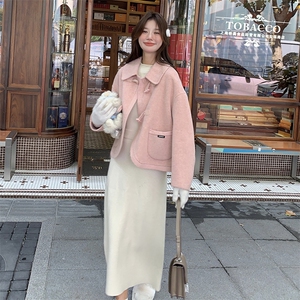 【现货】新款粉牛角扣针织拼接双面羊绒大衣99025款P225K328图片