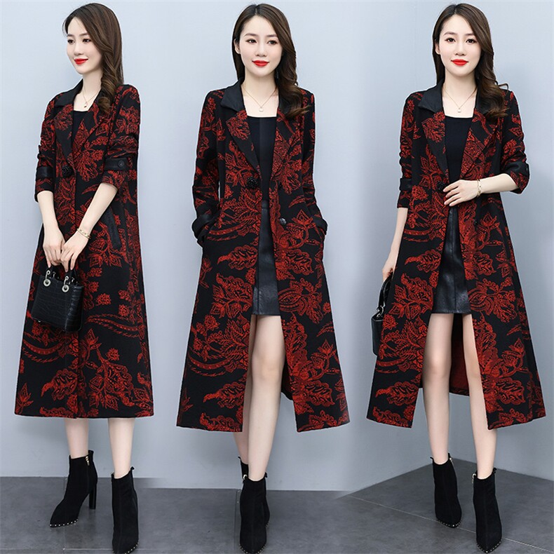 2022秋季女装新款时尚大码抽象图案洋气长款大衣风衣,女装风衣,缘衣格