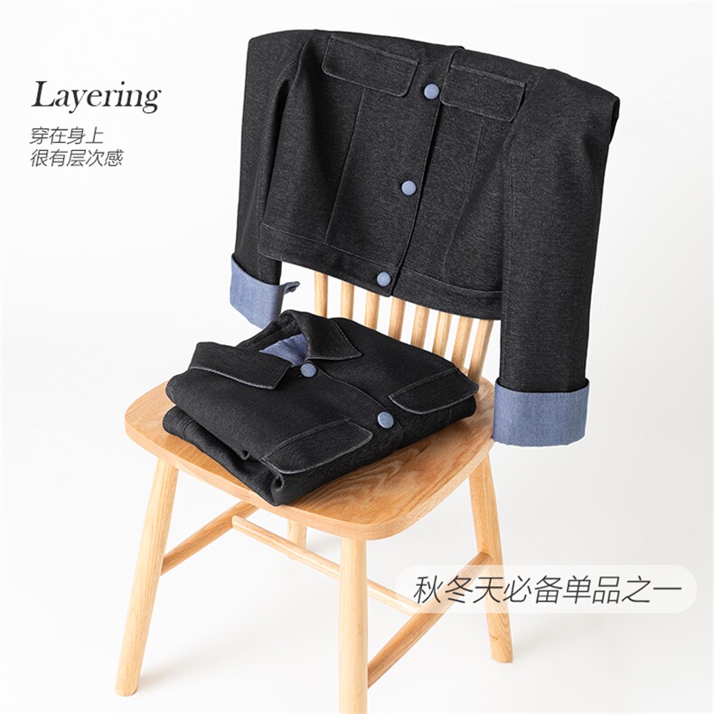 2025年春季直筒型翻领长袖单排扣纯色简约牛仔外套,女装牛仔外套,拓晨羊绒