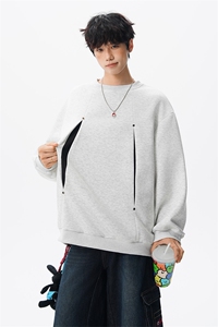 WY10152-特P45 控78 小众撞色拼接破缝假两件大码男大码情侣卫衣图片