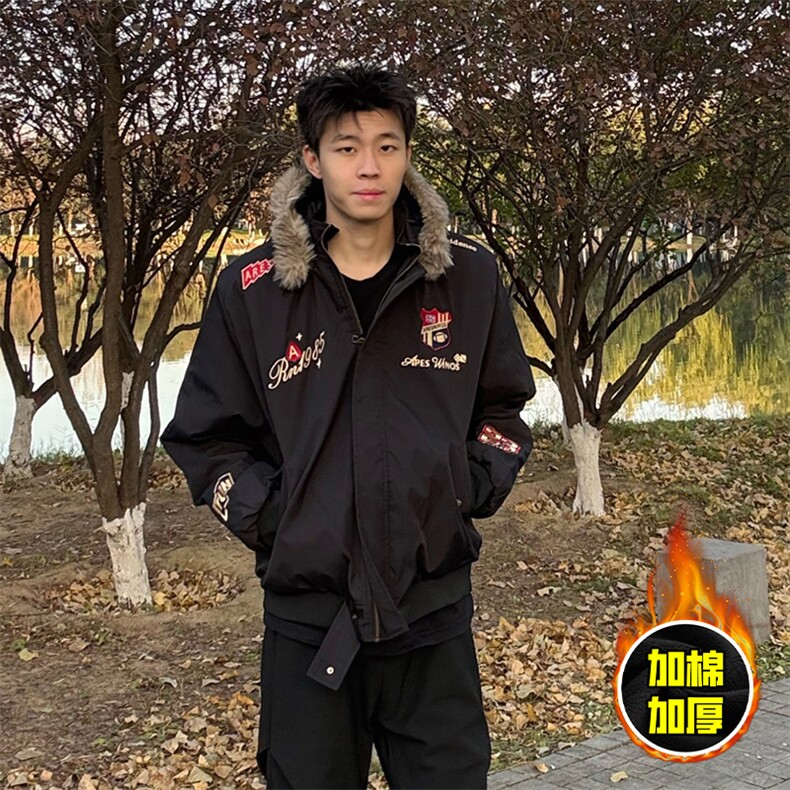 现货高品质美式高街重磅刺绣座山雕大毛毛领棉衣男女加厚棉服外套,男装棉衣,电商A486