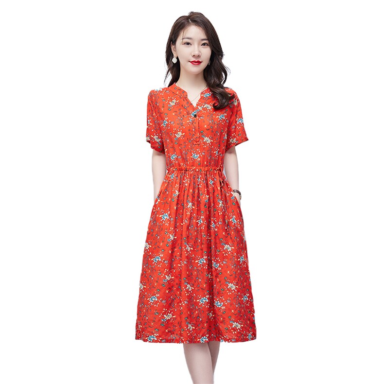 连衣裙2023年夏季潮流舒适简约时尚中长款圆领碎花,女装连衣裙,贵人树