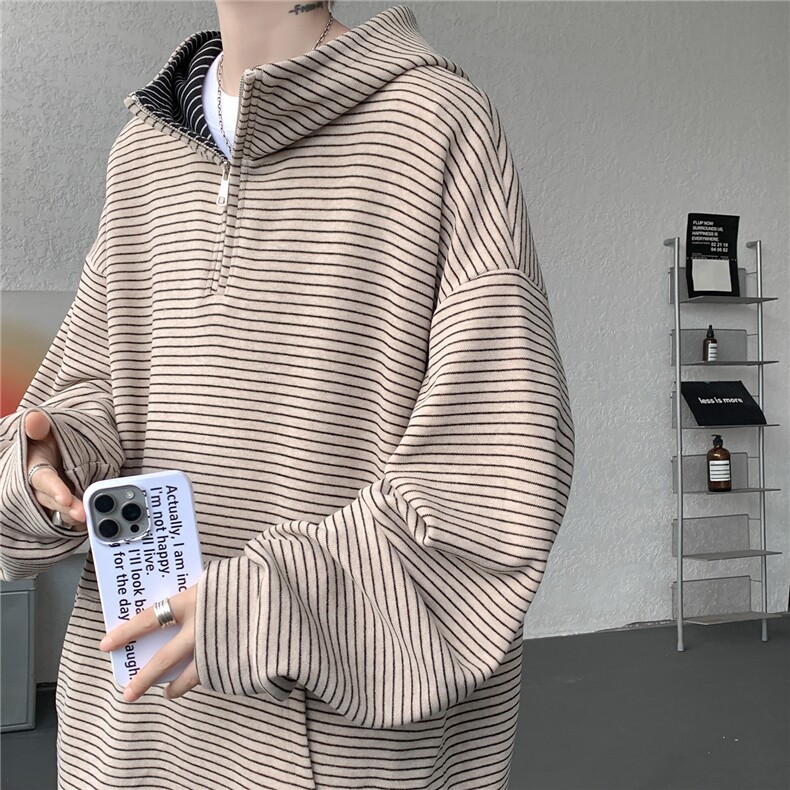 重磅绒感半拉链高领卫衣大码条纹撞色上衣美式连帽外套LW606特P58,女装短外套,电商B215