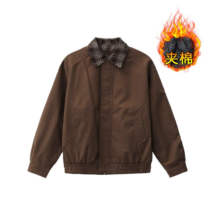 复古假两件飞行棉服夹克男格纹拼接棒球服美式休闲棕色外套,男装夹克,星座218-8