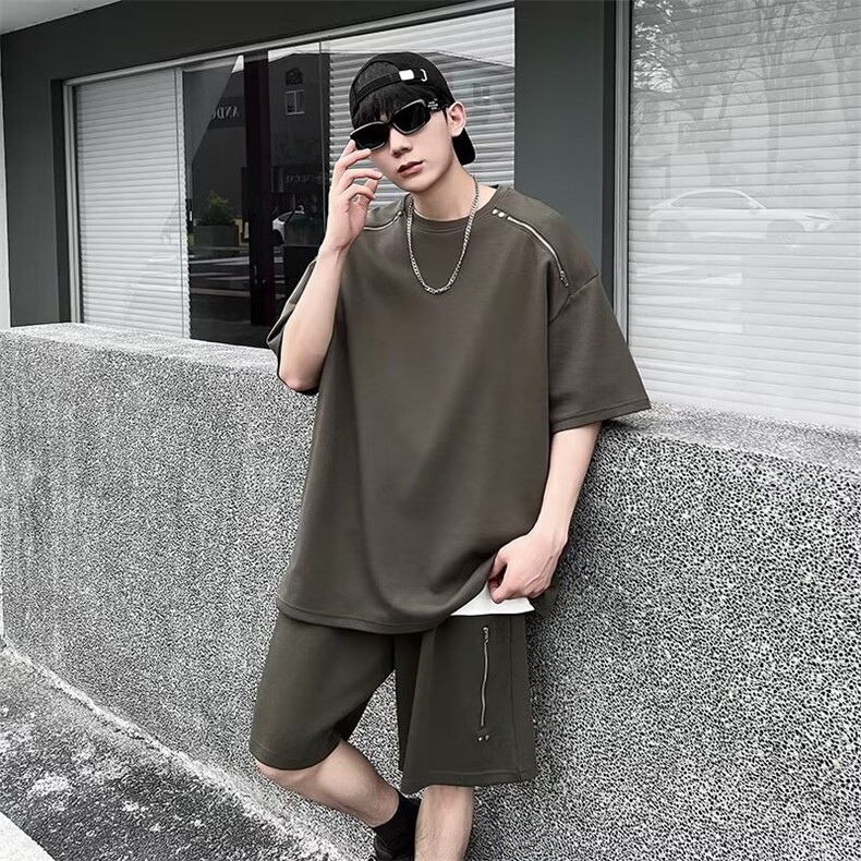 套装男士韩版潮流高街帅气百搭拉链2024夏季ins两件套W5849-P60,男装休闲套装,星座412-3