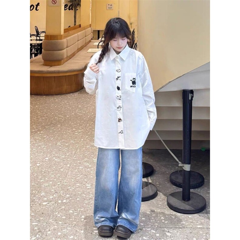 TC540-P45慵懒小猫刺绣长袖衬衫女2026新款显瘦减龄学院风衬衣,女装衬衫,星座617A-2