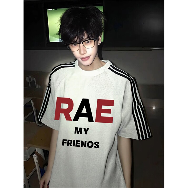 抖音得物品质二开240克宽松纯棉美式潮牌印花三条杠中性风短袖T恤，男装T恤，电商A486-1