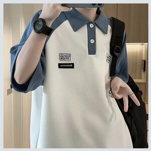 C305-P30 夏季新款撞色polo衫短袖男美式复古ins五分袖t恤上衣图片