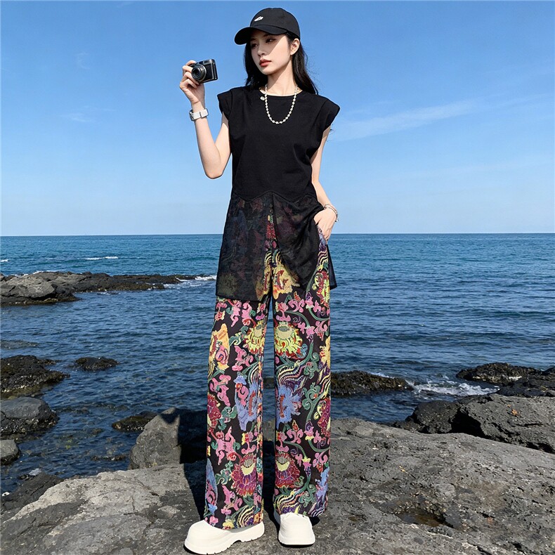 盐系穿搭休闲时尚套装女夏款开叉设计黑色网纱拼接短袖长裤两件套，女装套装/套裙，江南