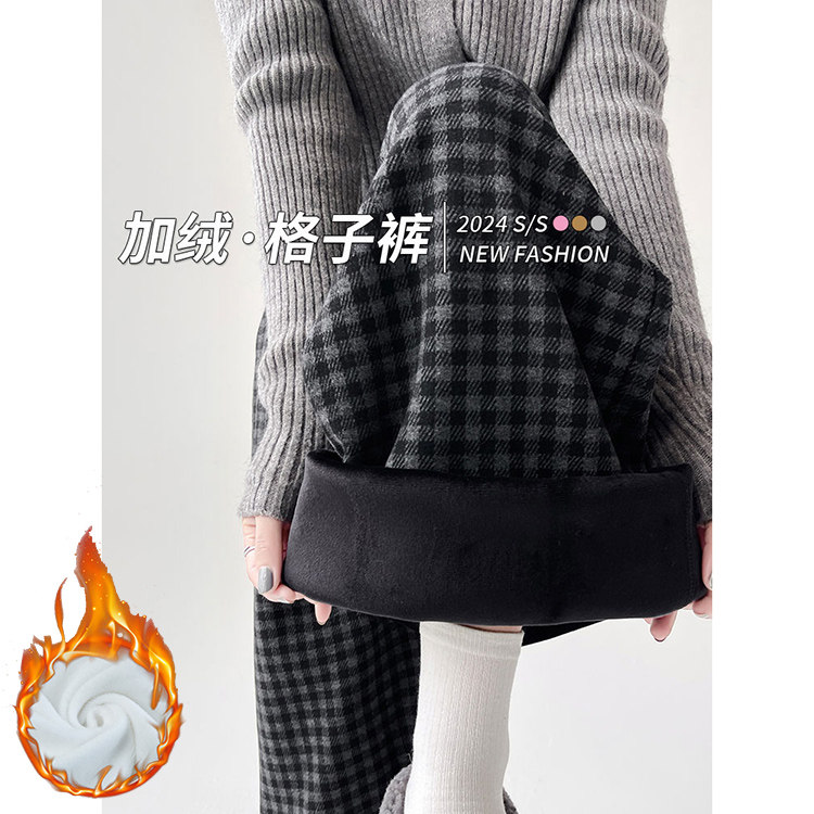 AK2482-P50日系慵懒阔腿毛呢格子裤女秋冬显瘦垂感直筒裤高腰休闲图片