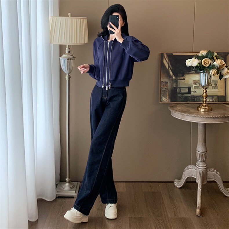 时尚女秋冬季加绒连帽卫衣牛仔长裤套装显瘦高腰直筒裤休闲百搭两件套,女装套装/套裙,江南
