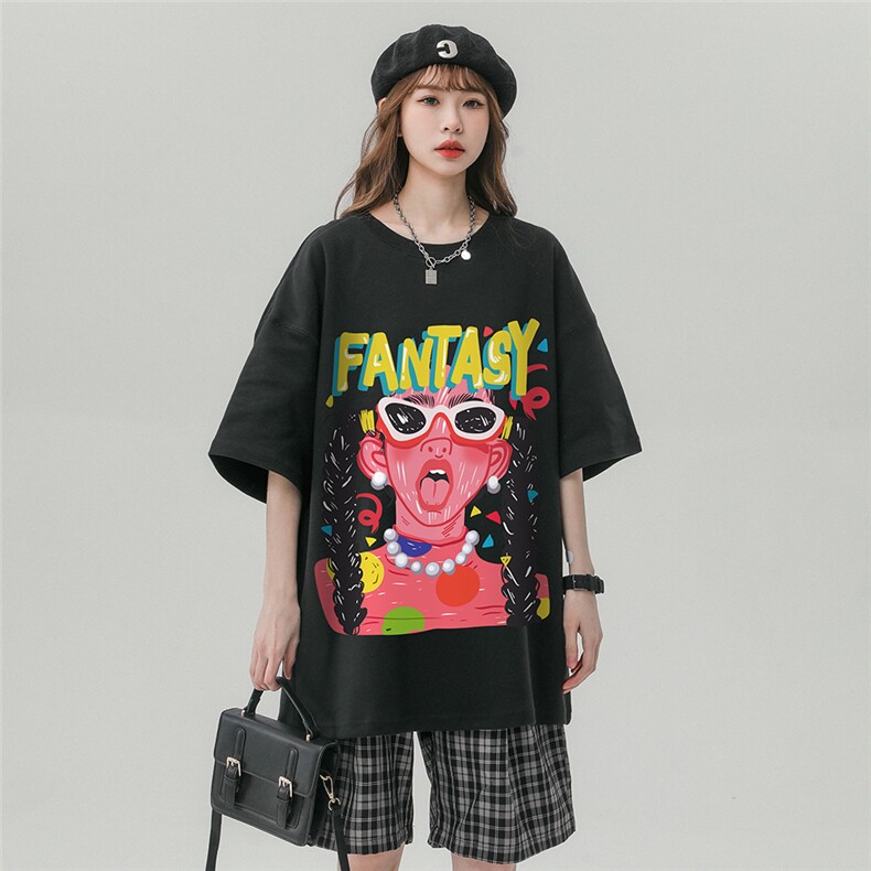 中性风23夏季卡通印花时尚百搭宽松圆领纯棉短袖T恤T6092P25控38,男装T恤,电商A268