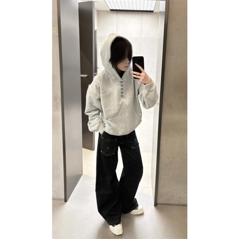 GMCS美式复古纽扣秋冬高级感慵懒风休闲帽衫外套HXD002-P58加绒65,女装短外套,星座910A